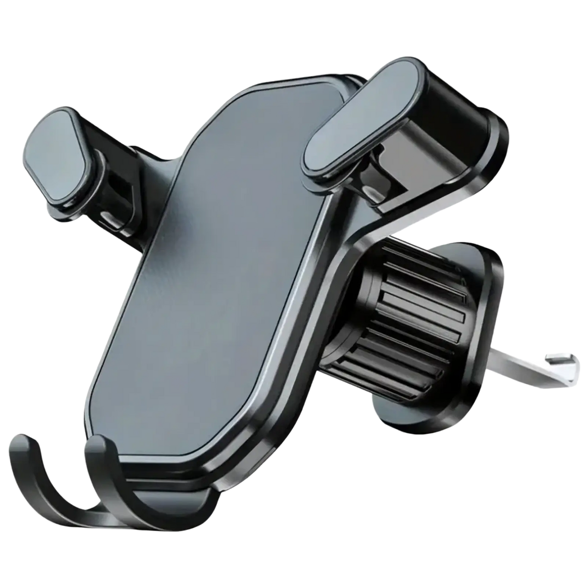 Black plastic car phone holder with adjustable clamps and suction cup base for universal air vent mounting