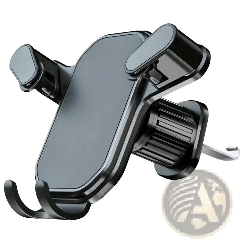 Black plastic car air vent phone mount with adjustable clamps and suction cup base for universal cell stand use