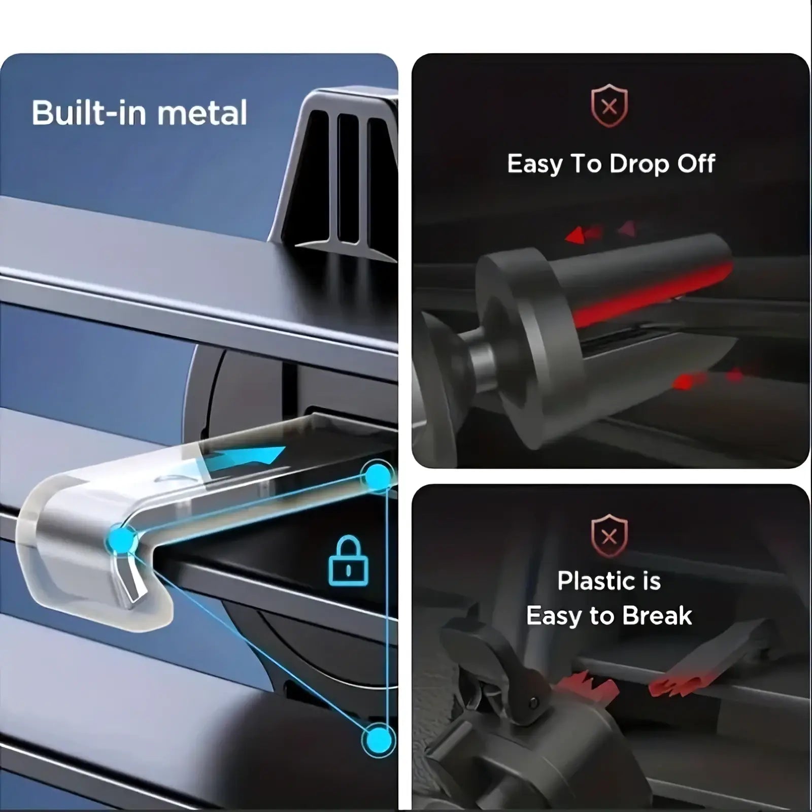 A sleek silver metal car air vent phone mount with secure locking mechanism and durable universal cell stand design