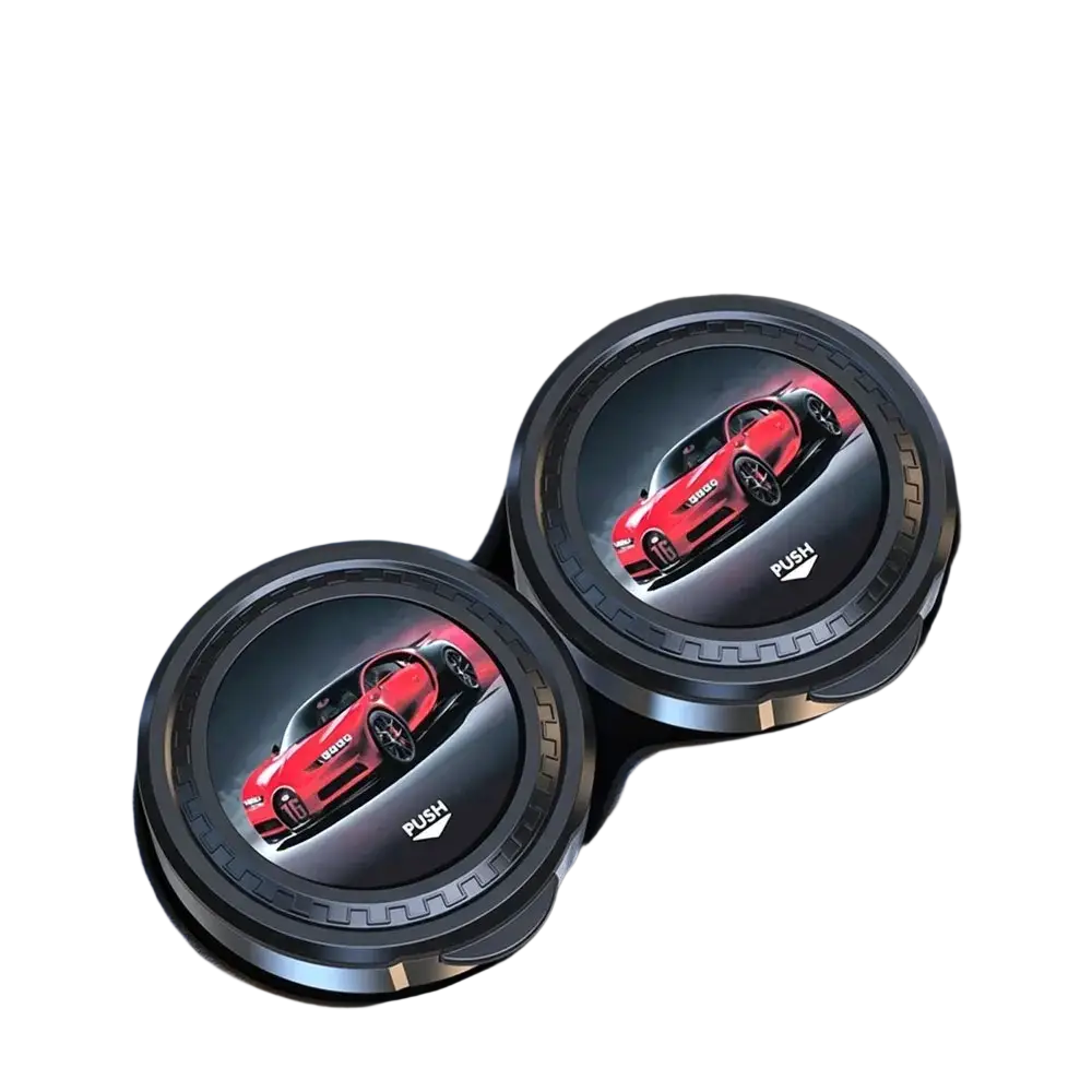 Black circular car ashtray with red Bugatti Chiron graphic and push text featuring alloy liner and LED light lid portable design