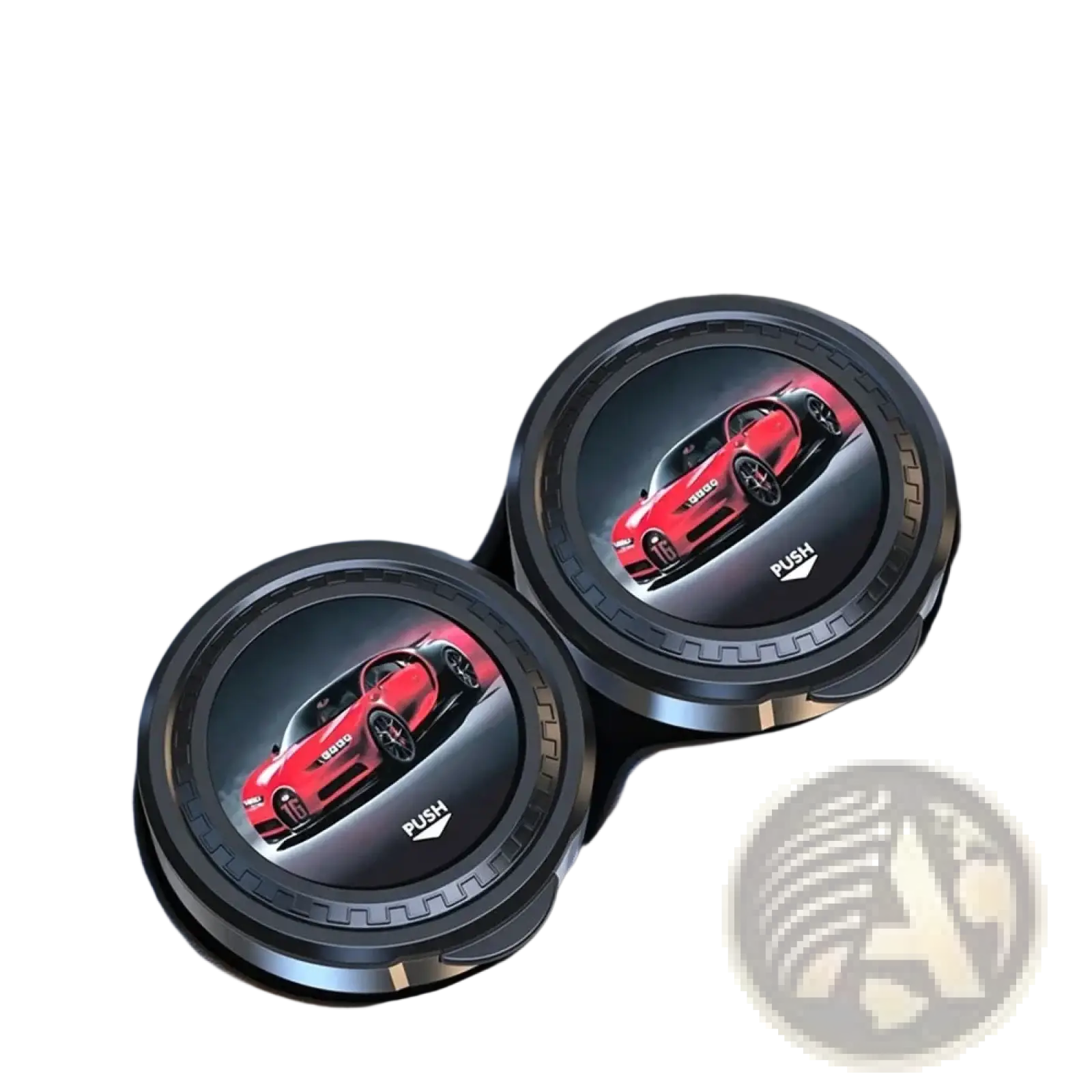 Black circular car ashtray with red Bugatti Chiron graphic and push text featuring alloy liner and LED light lid portable design