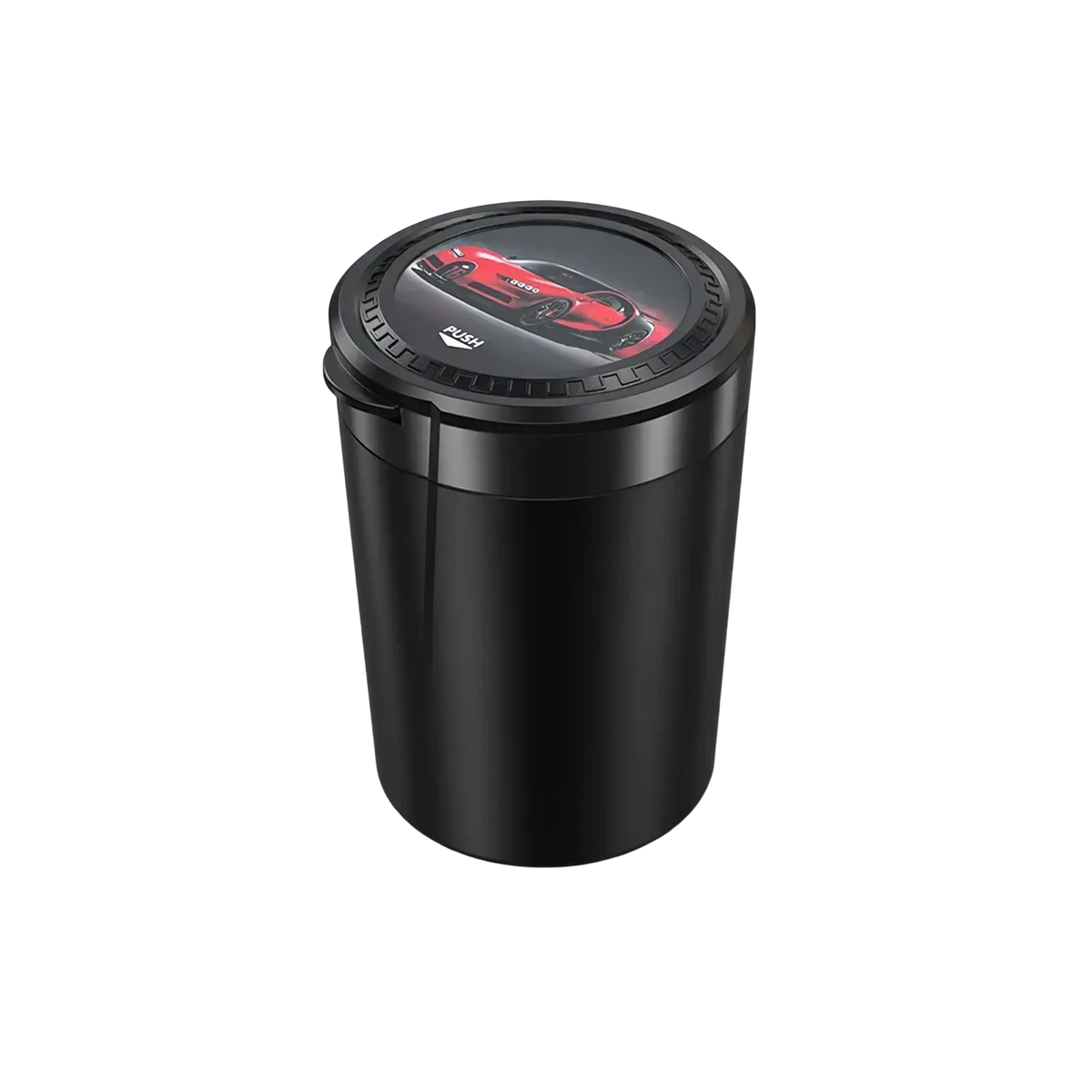 Black cylindrical car ashtray with led light, glossy finish, lid featuring red sports car graphic, portable design