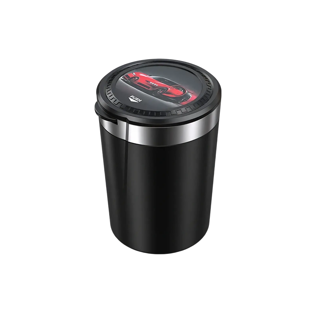 Black cylindrical car ashtray with led light and silver lid featuring a red sports car graphic for portable use