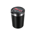 Black cylindrical car ashtray with led light and silver lid featuring a red sports car graphic for portable use