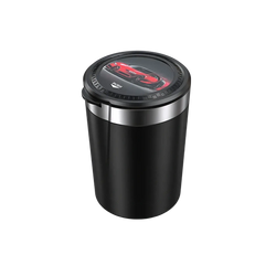 Black cylindrical car ashtray with led light and silver lid featuring a red sports car graphic for portable use