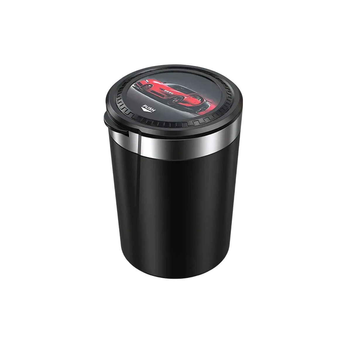 Black cylindrical car ashtray with led light and silver lid featuring a red sports car graphic for portable use
