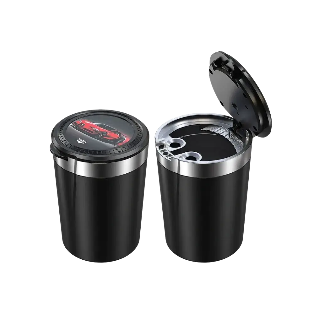 Black cylindrical portable car ashtray with led light and silver rim lid featuring red sports car graphic