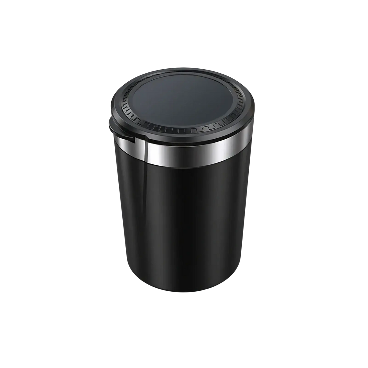 Black cylindrical car ashtray with led light, silver metallic rim and embossed lid pattern for portable use
