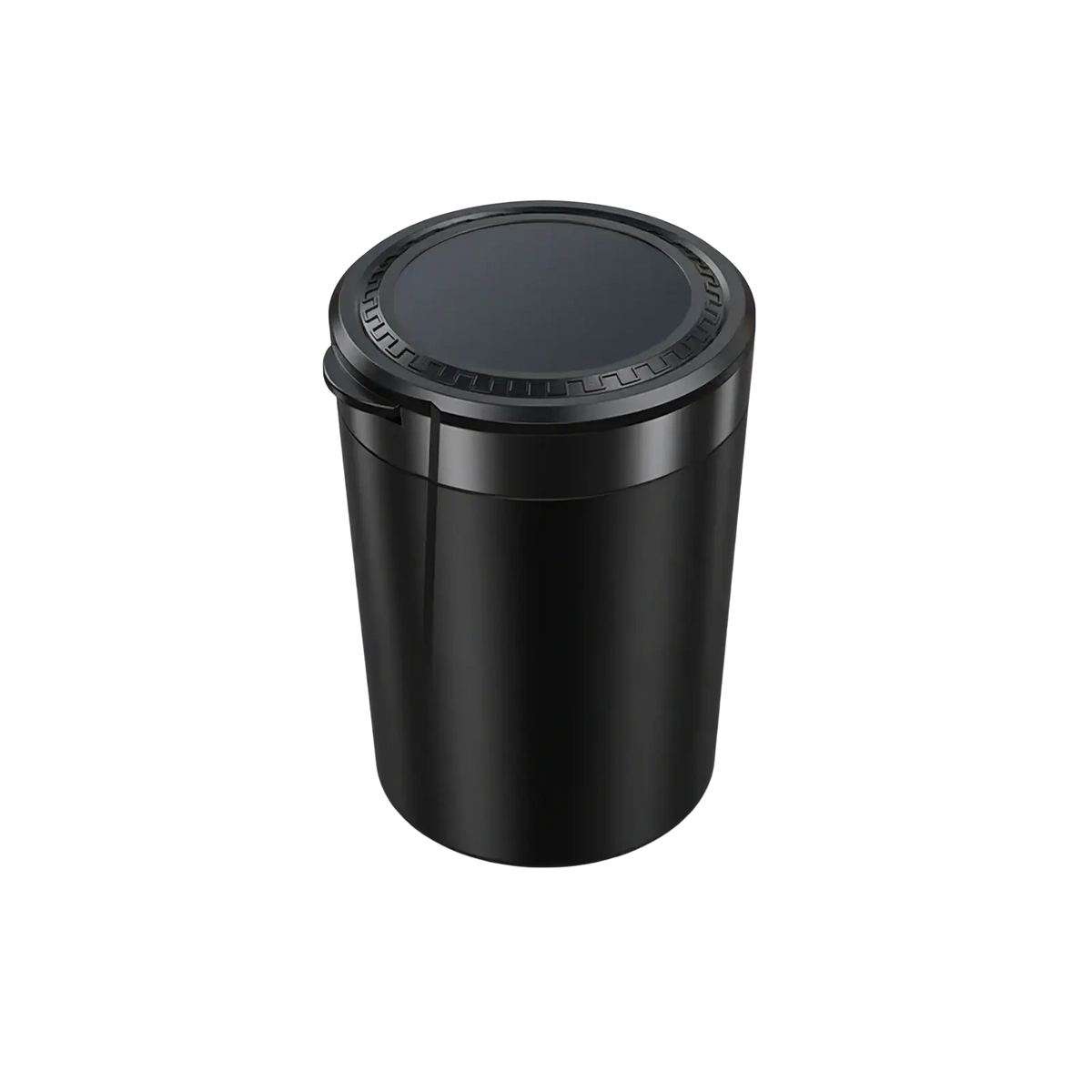 Black cylindrical car ashtray with led light, smooth matte finish, and textured lid edge for portable use