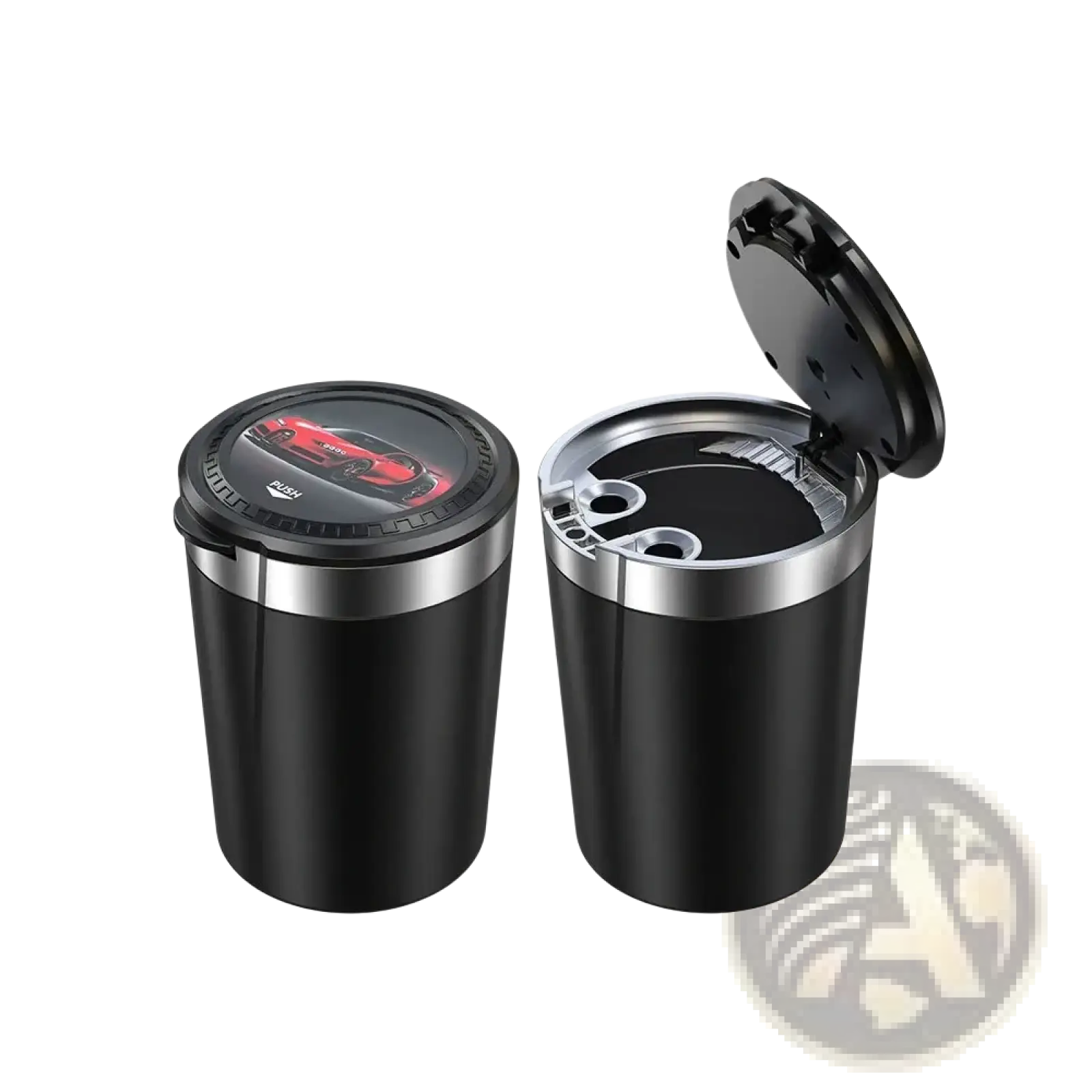 Black cylindrical portable car ashtray with led light and silver rim lid featuring red sports car graphic