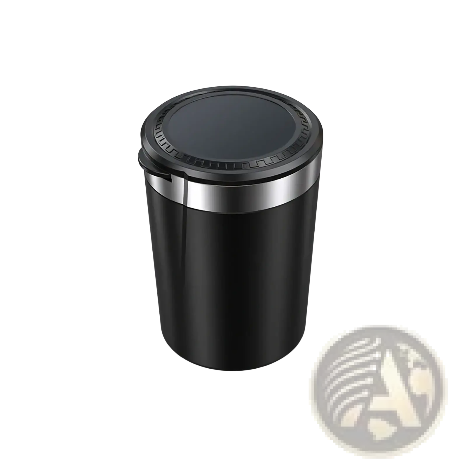 Black cylindrical car ashtray with led light, silver metallic rim and embossed lid pattern for portable use