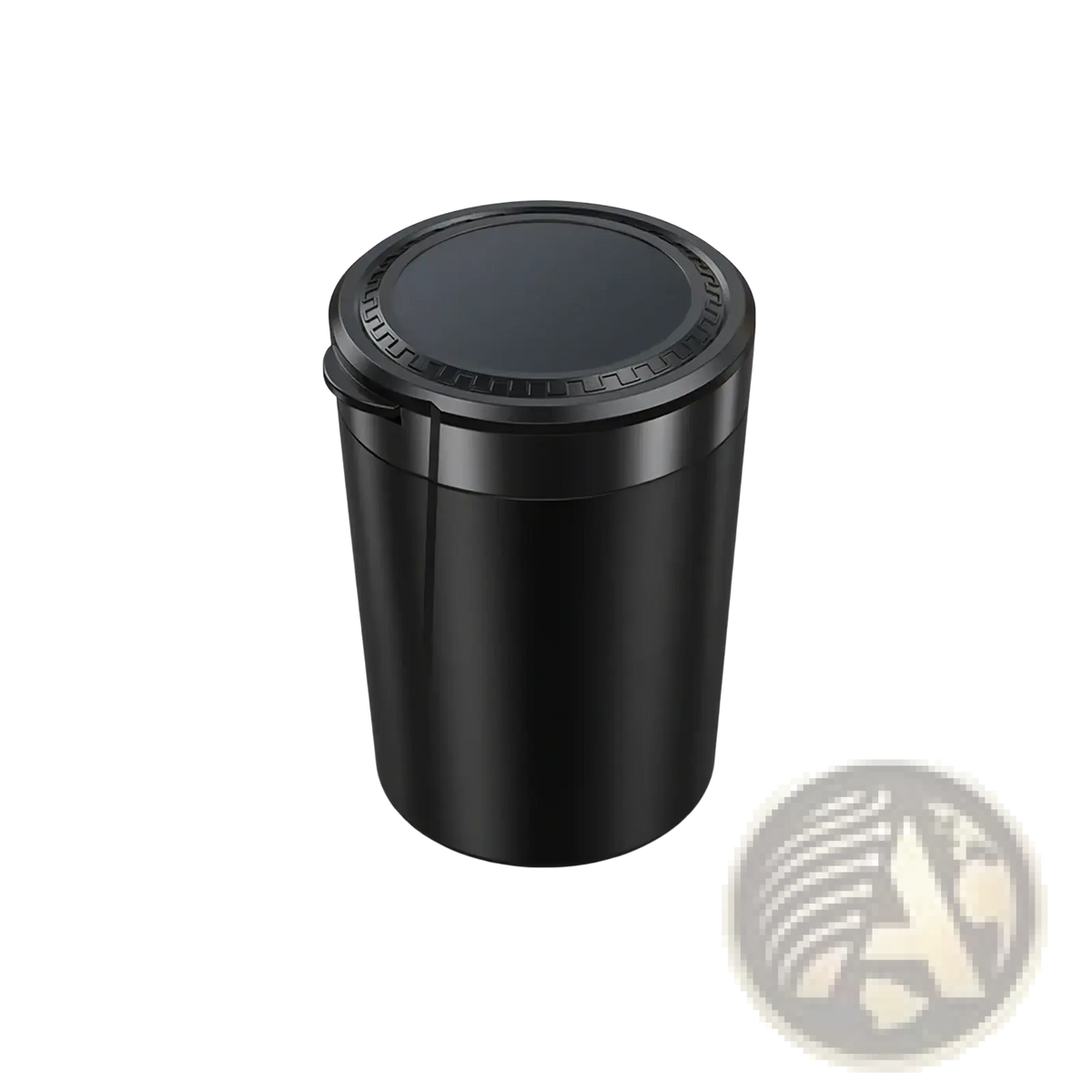 Black cylindrical car ashtray with led light, smooth matte finish, and textured lid edge for portable use