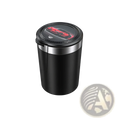 Black cylindrical car ashtray with led light and silver lid featuring a red sports car graphic for portable use