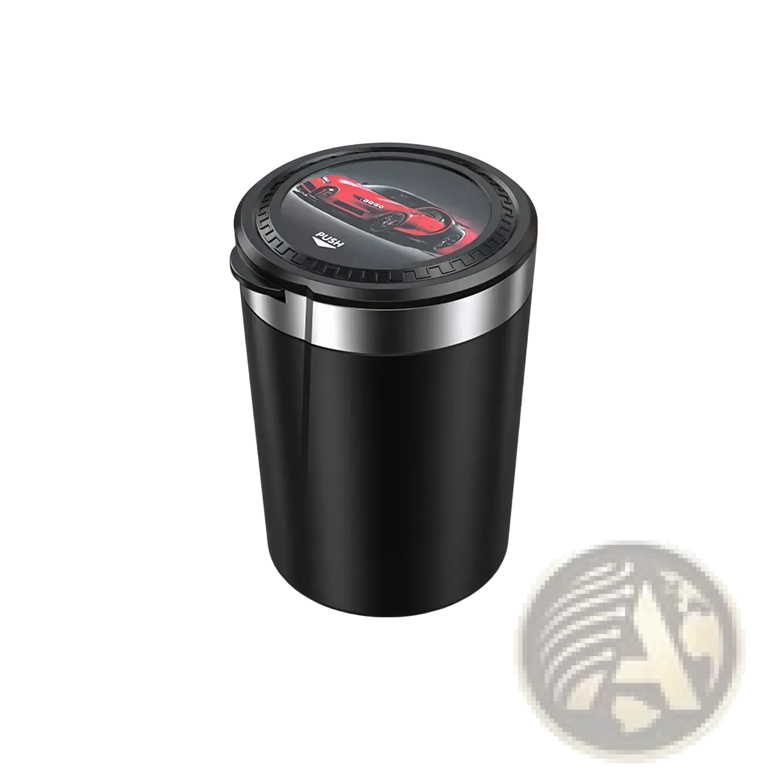 Black cylindrical car ashtray with led light and silver lid featuring a red sports car graphic for portable use