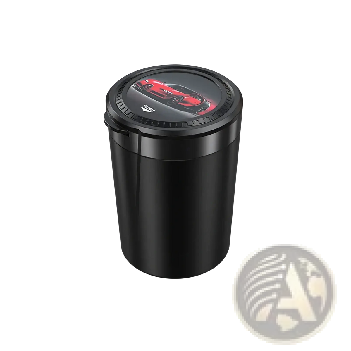 Black cylindrical car ashtray with led light, glossy finish, lid featuring red sports car graphic, portable design
