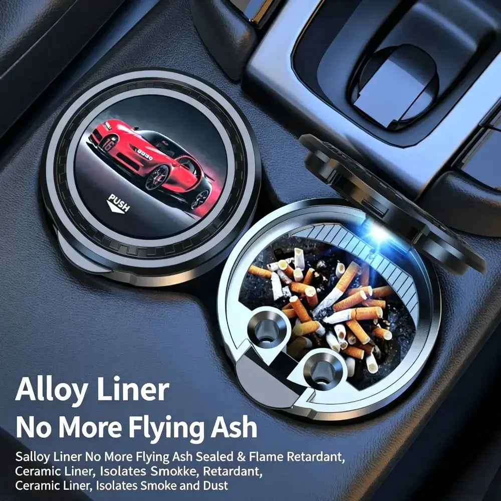 Silver circular car ashtray with led light featuring a red sports car graphic and alloy liner to contain cigarette butts