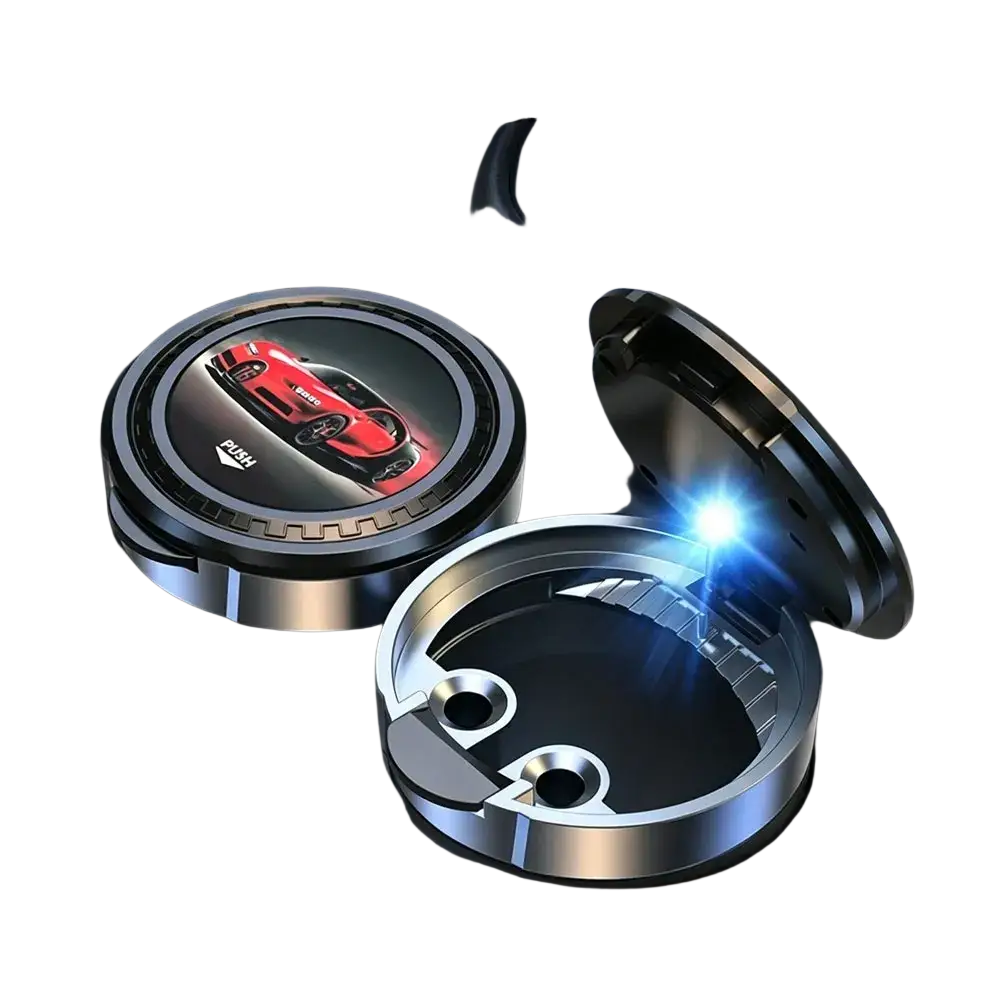 Silver circular car ashtray with led light, red sports car graphic lid, and auto-illuminating portable design
