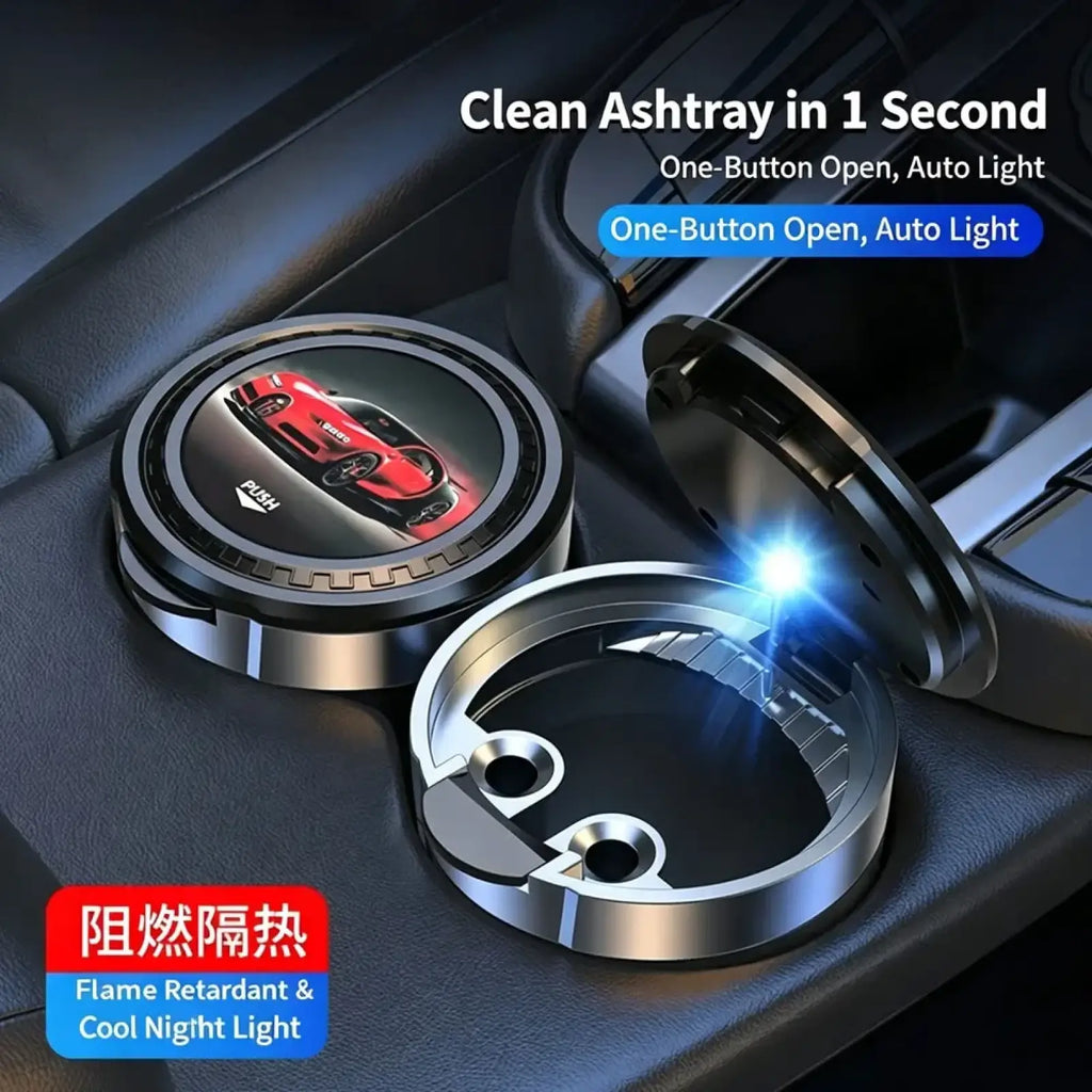 Silver circular car ashtray with led light, red sports car graphic lid, and auto-illuminating portable design