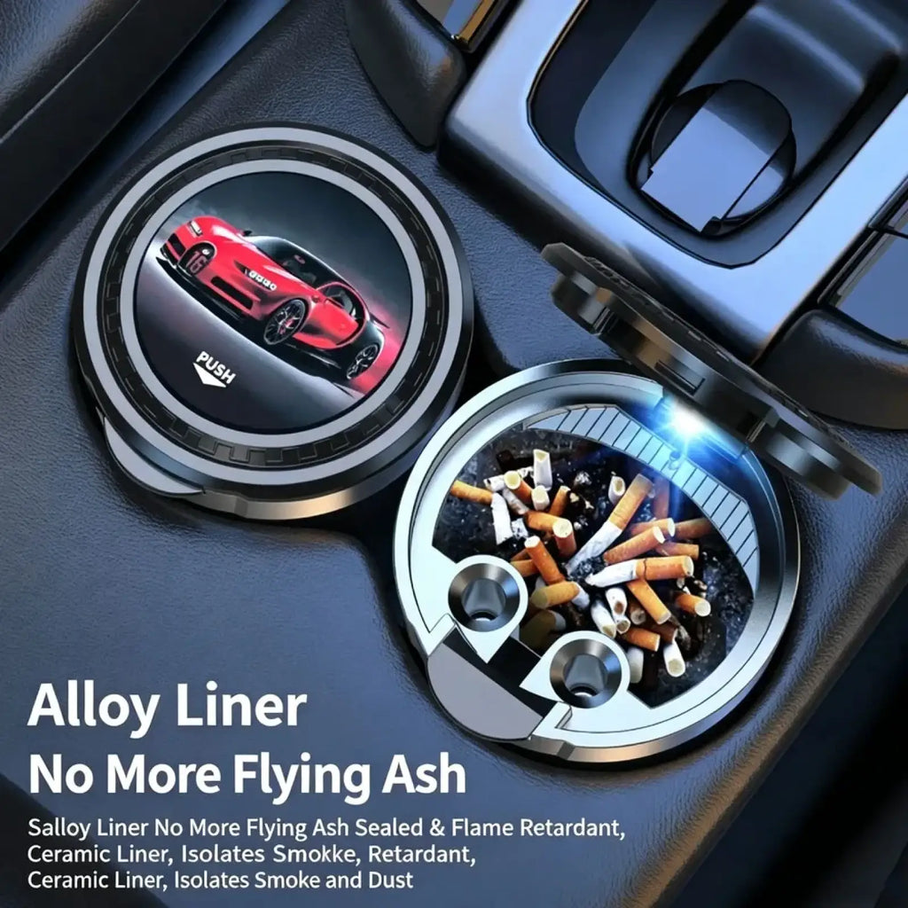 Silver circular car ashtray with led light featuring a red sports car graphic and alloy liner to contain cigarette butts