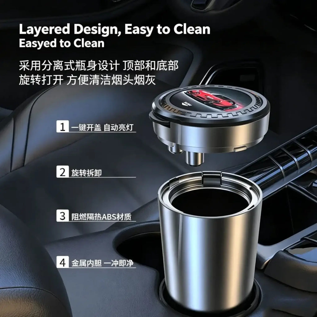 Silver cylindrical car ashtray with led light, detachable lid featuring red sports car graphic, made of heat-resistant ABS material