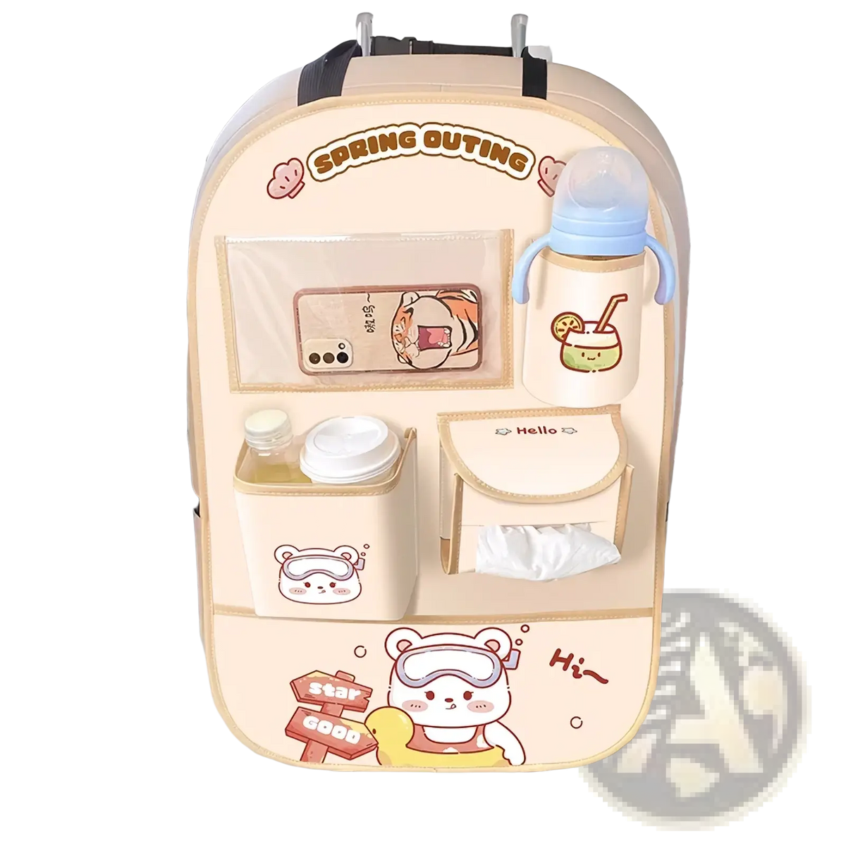 Beige spring outing car back seat organizer with cute cartoon designs and multiple storage compartments visible from back side