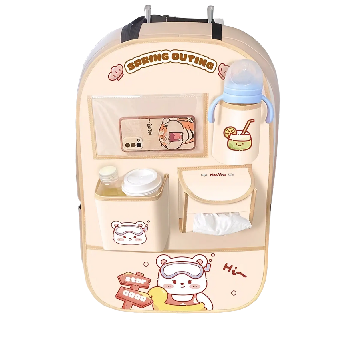 Beige spring outing car back seat organizer with cute cartoon designs and multiple storage compartments visible from back side