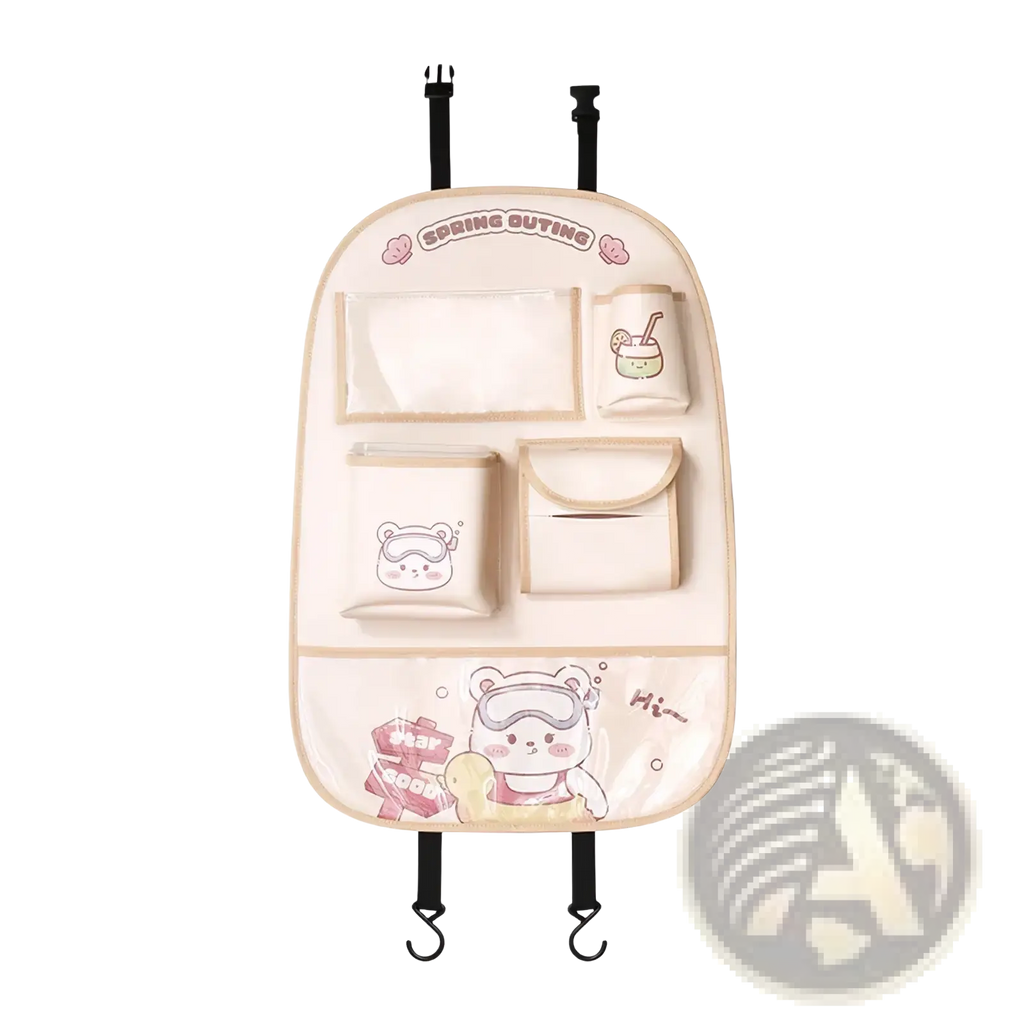 Beige car back seat organizer with cute cartoon bear and drink-themed pockets featuring black adjustable straps