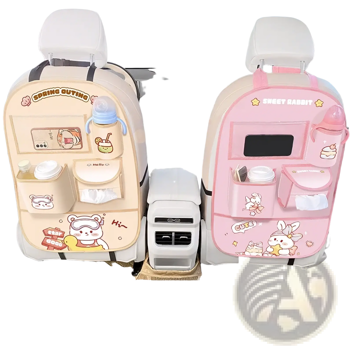 Beige and pink car back seat organizer with cute cartoon designs multiple pockets and baby bottle holders visible from back side