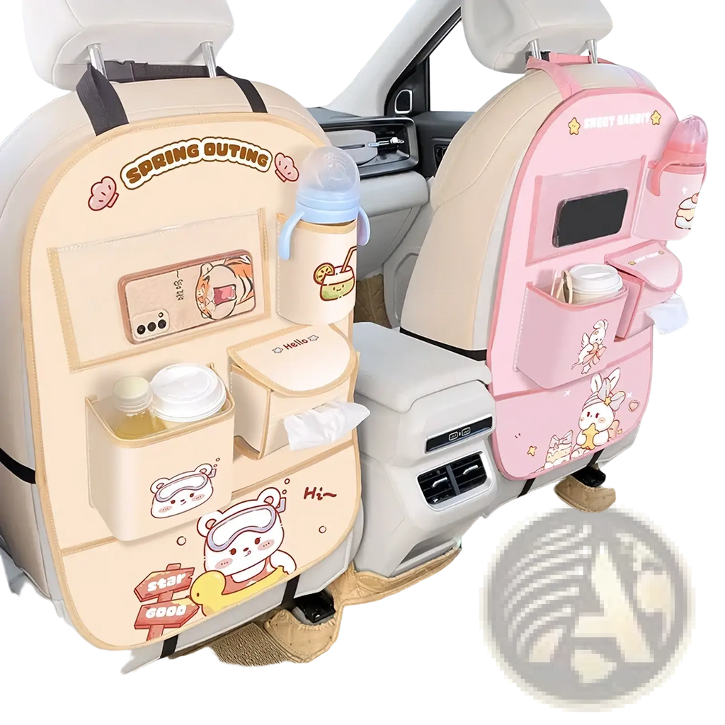 Beige and pink cartoon-themed car back seat organizer with multiple compartments cute animal prints and bottle holders