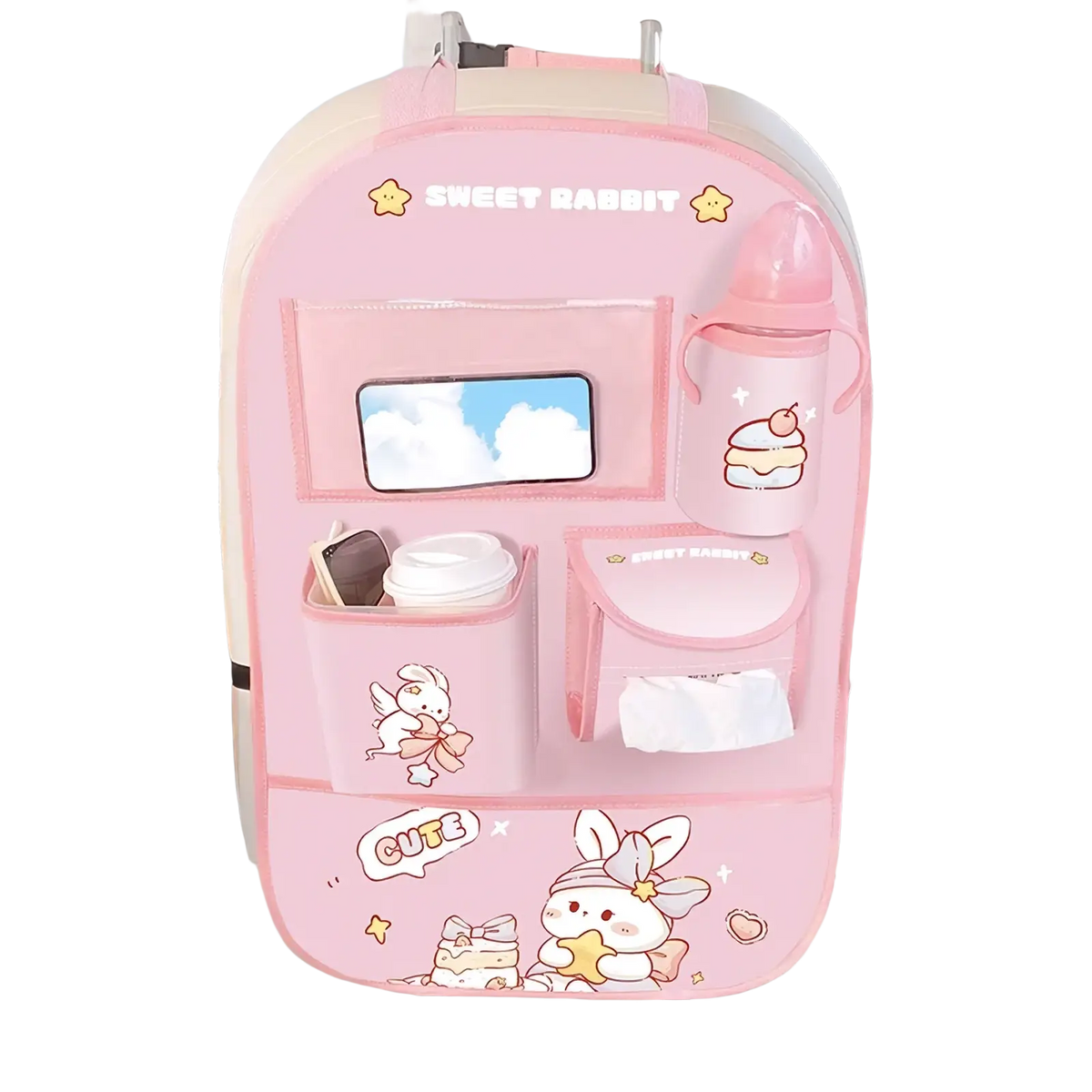 Pink sweet rabbit car back seat organizer with cute bunny designs and multiple compartments for phone bottle and tissues storage