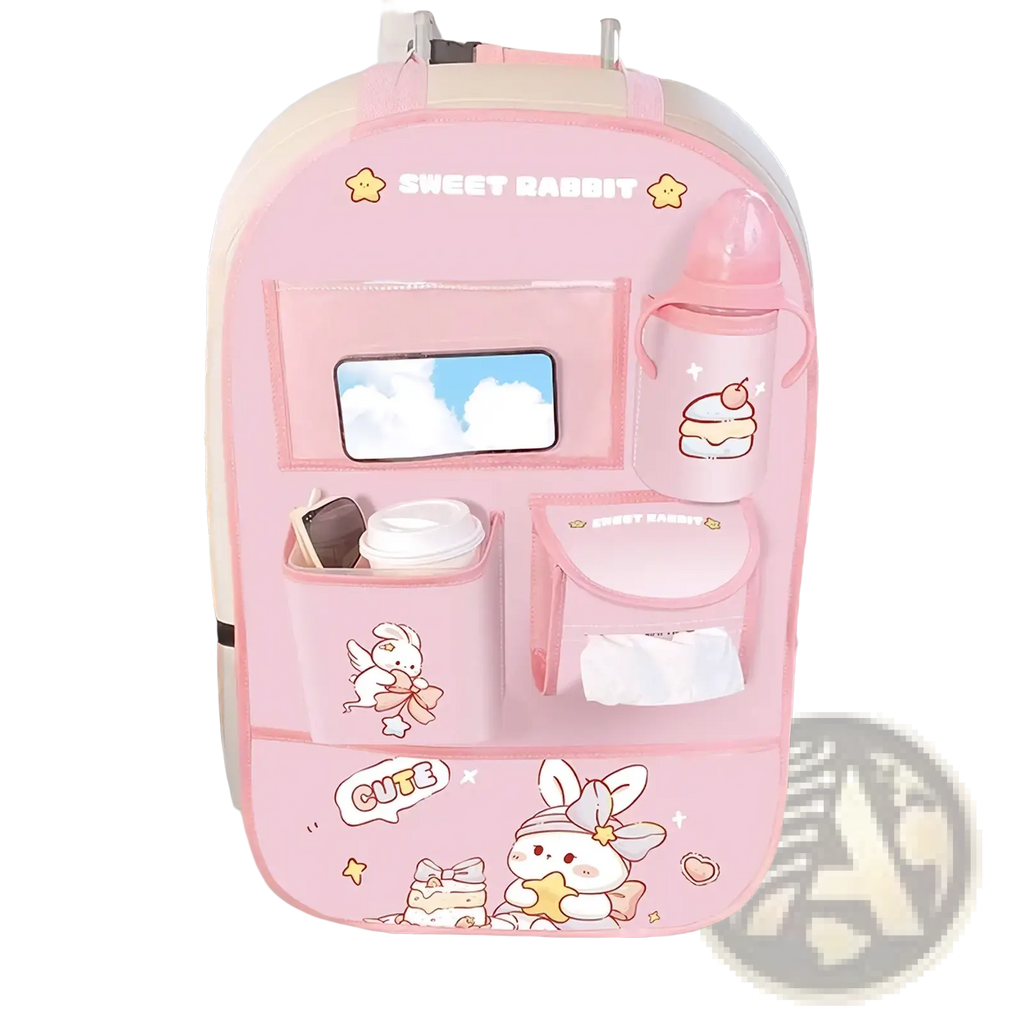 Pink sweet rabbit car back seat organizer with cute bunny designs and multiple compartments for phone bottle and tissues storage