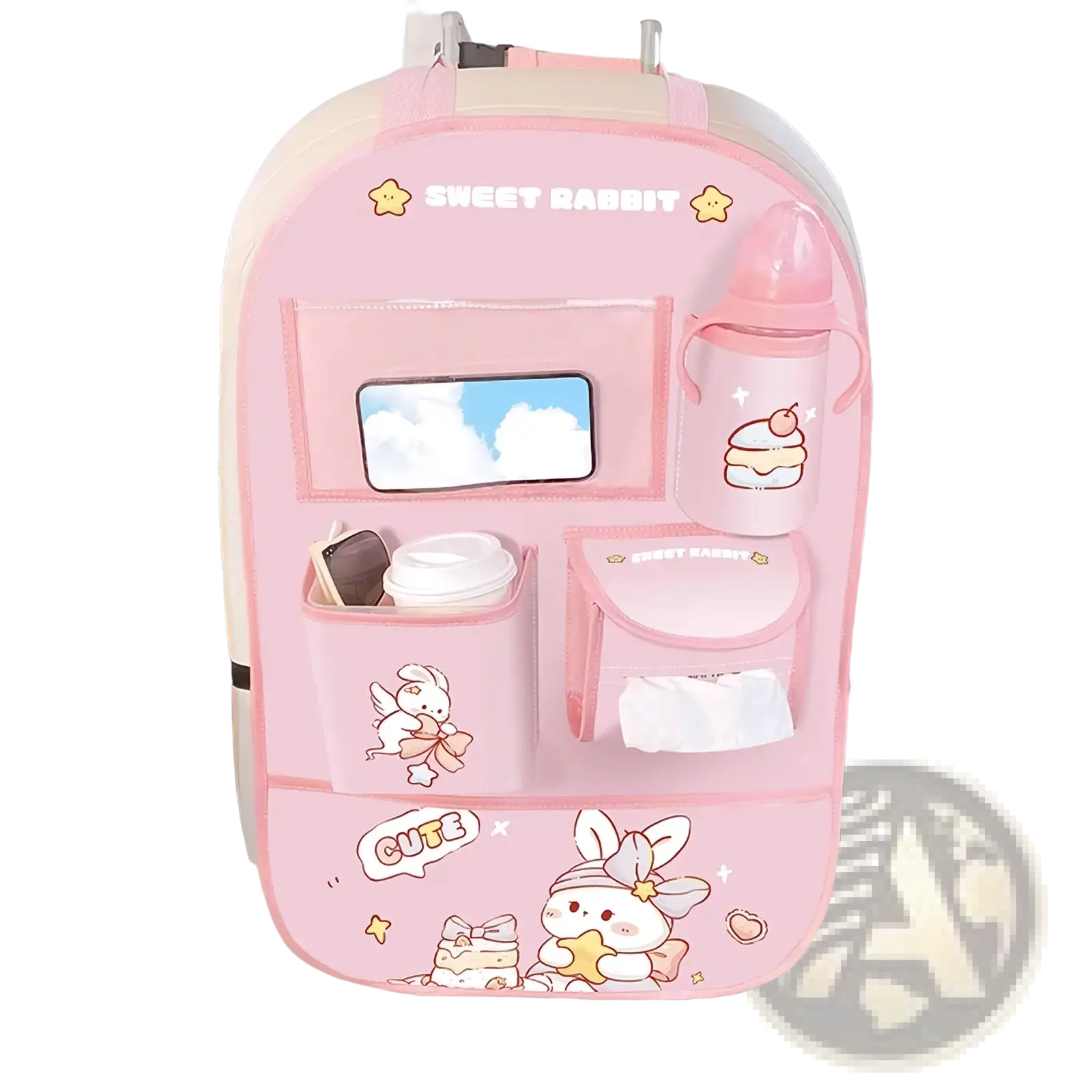 Pink sweet rabbit car back seat organizer with cute bunny designs and multiple compartments for phone bottle and tissues storage