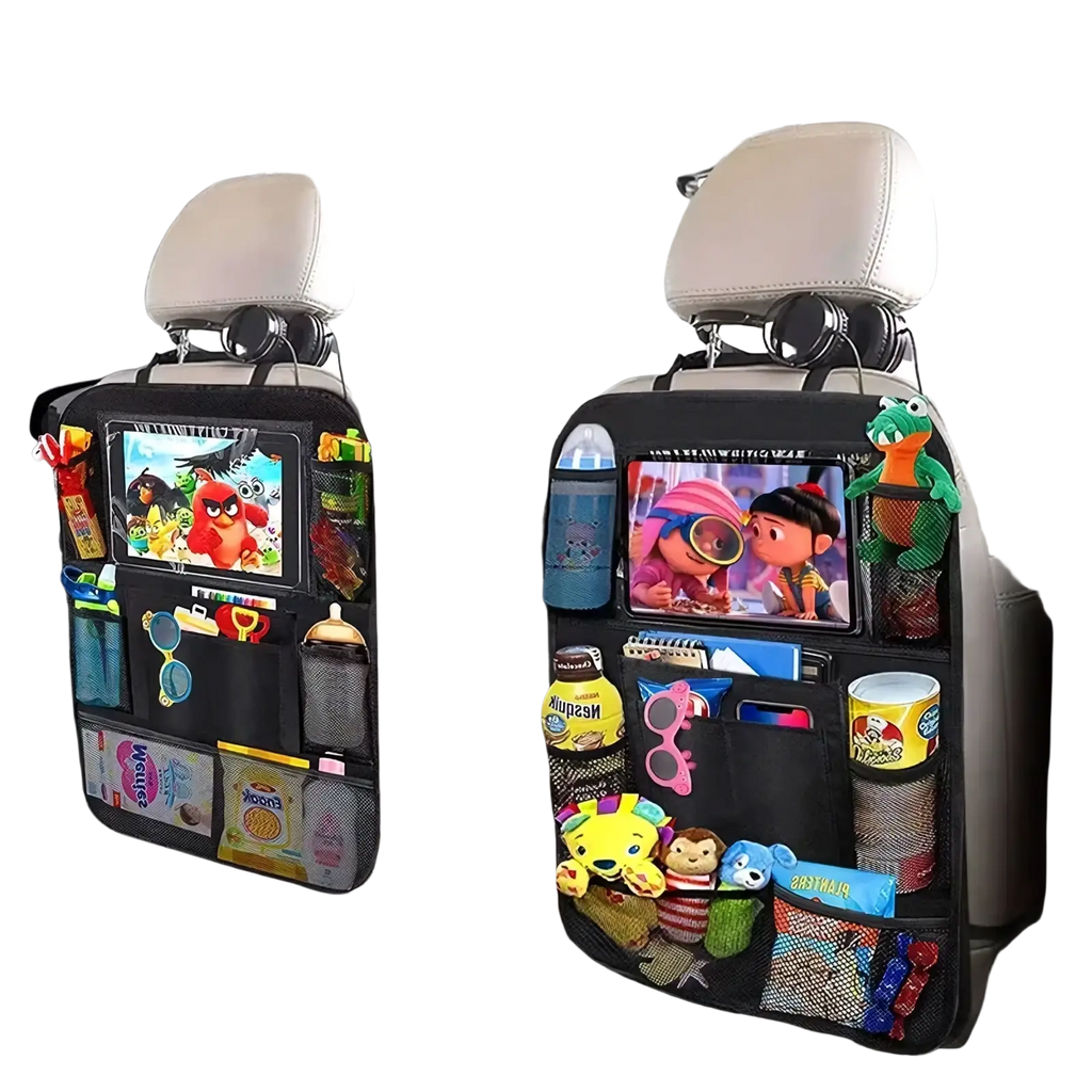 Back side of black mesh car backseat organizer with multiple pockets and built-in tablet holder displaying animated characters