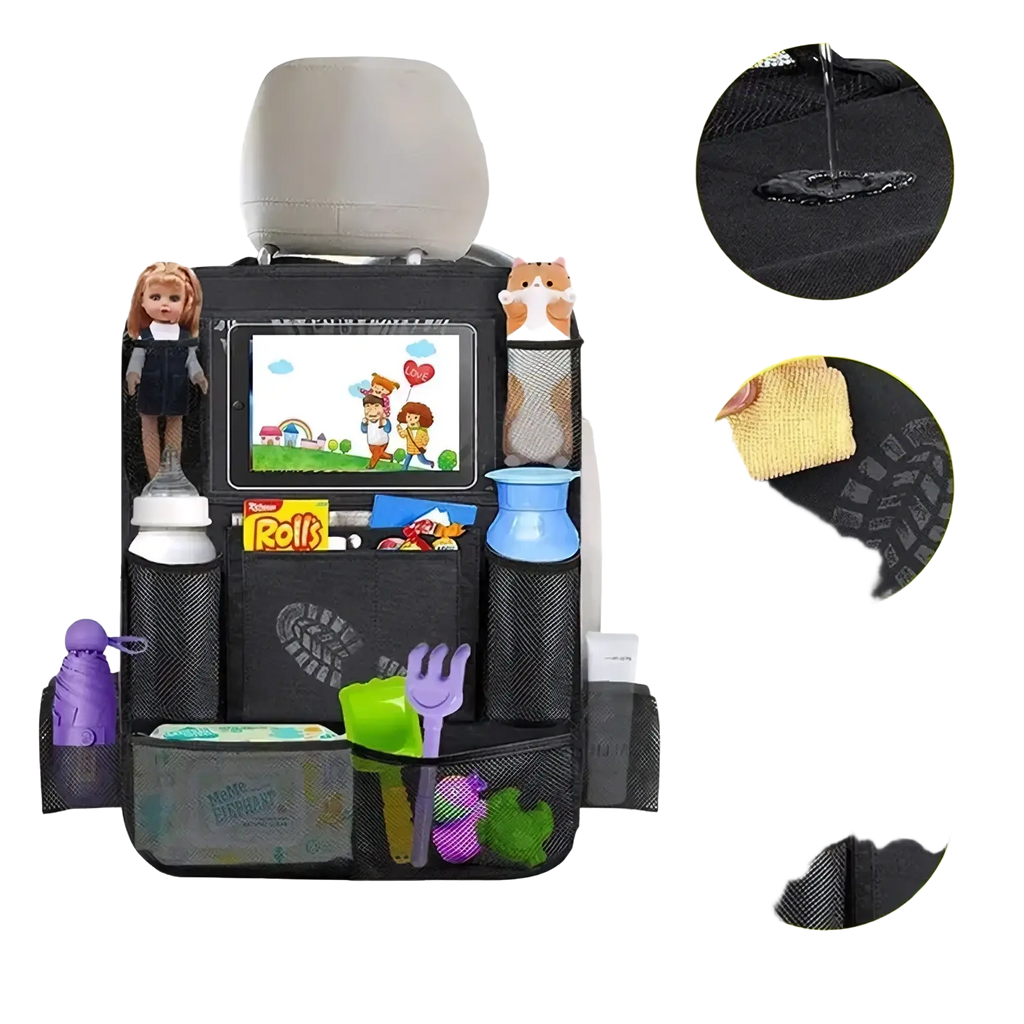 Black mesh car backseat organizer with tablet holder featuring multiple compartments for toys bottles and snacks