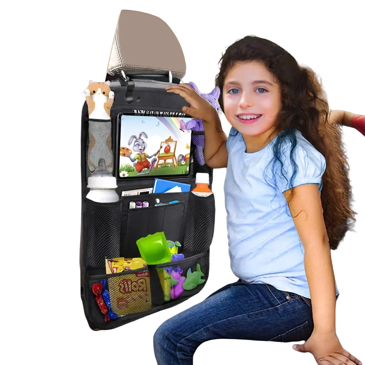 Black mesh car backseat organizer with multiple compartments tablet holder and attached plush toy holders