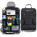 Black mesh car backseat organizer with multiple pockets and central tablet holder shown from the back side