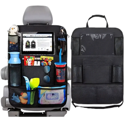 Black mesh car backseat organizer with multiple pockets and central tablet holder shown from the back side