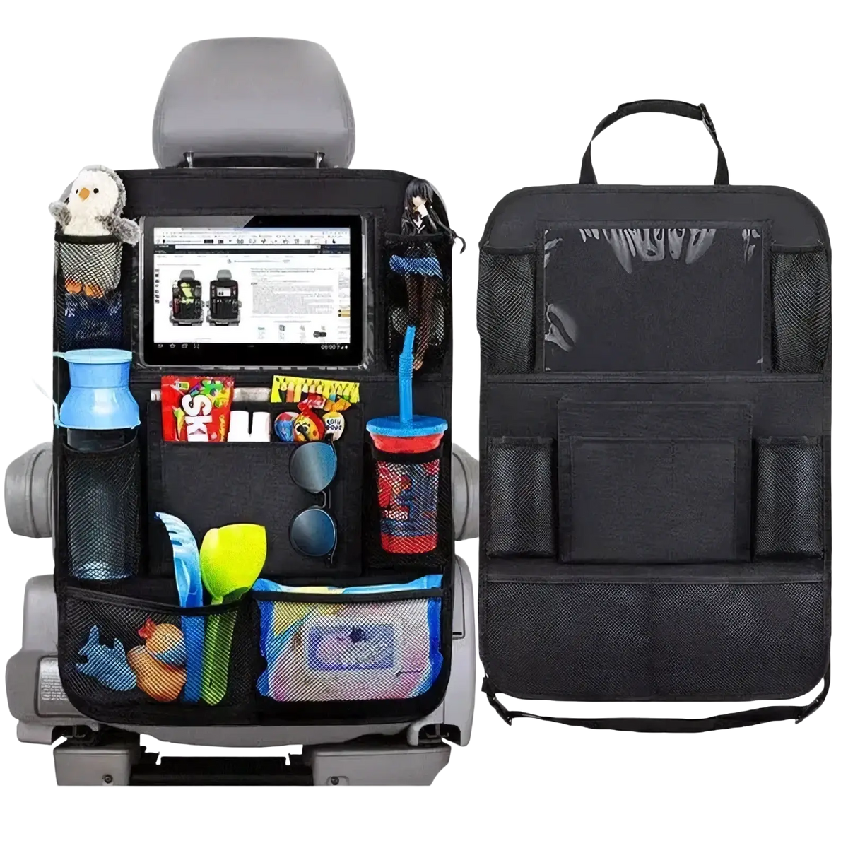 Black mesh car backseat organizer with multiple pockets and central tablet holder shown from the back side