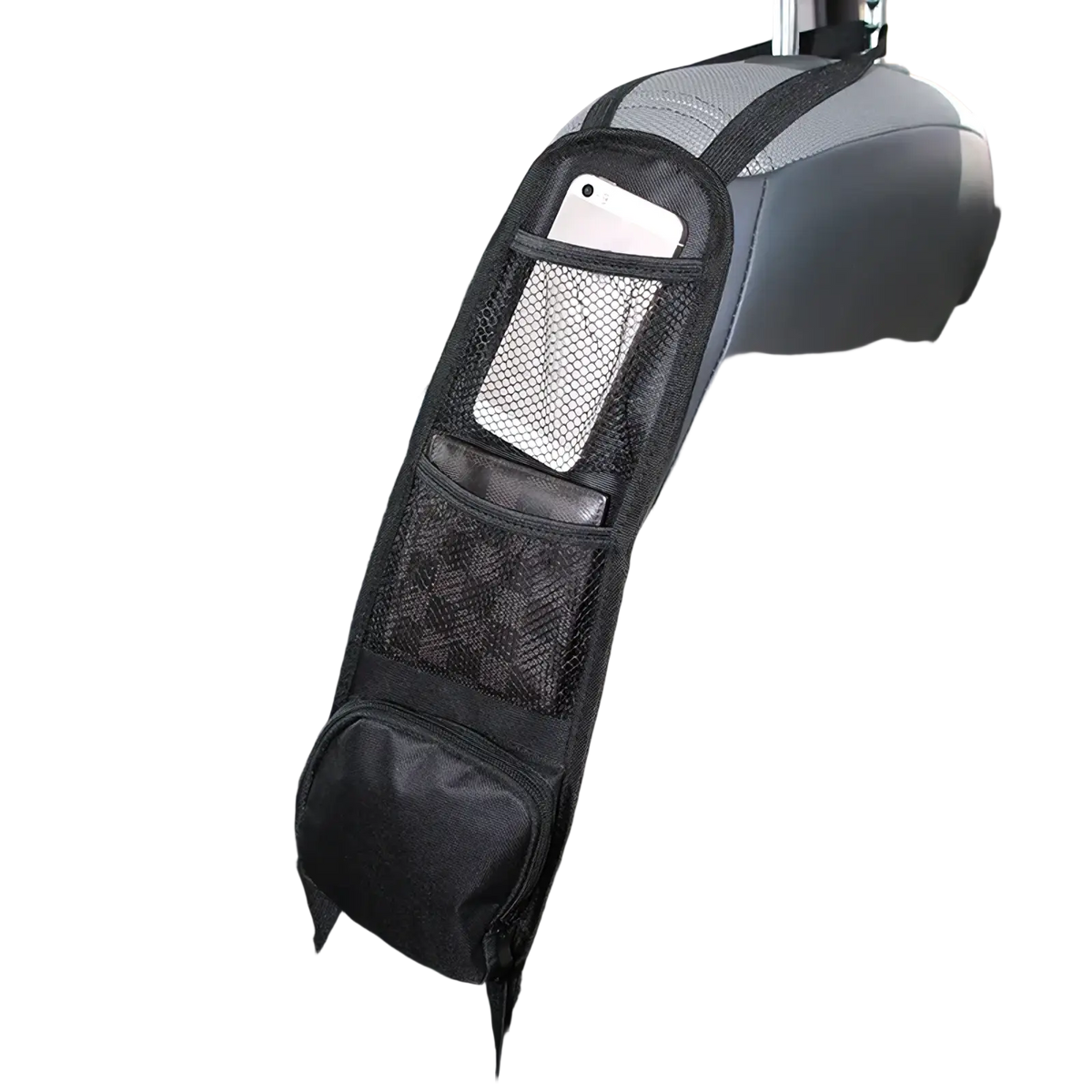 Black mesh car backseat organizer with multiple pockets including a tablet holder and a white smartphone pocket