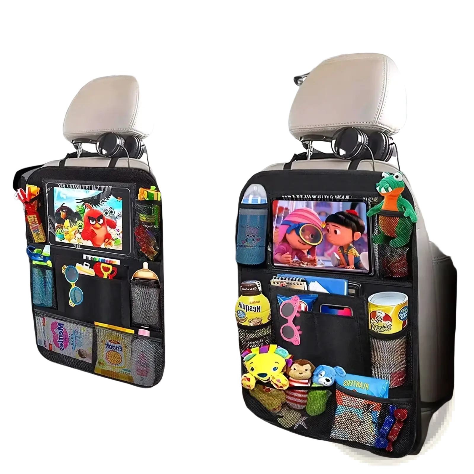 Back side of black mesh car backseat organizer with multiple pockets and built-in tablet holder displaying animated characters