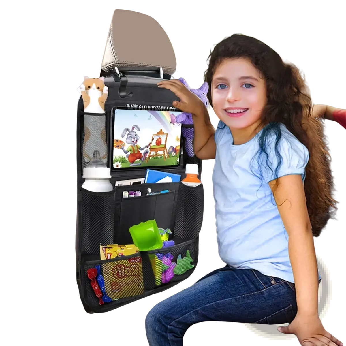 Black mesh car backseat organizer with multiple compartments tablet holder and attached plush toy holders
