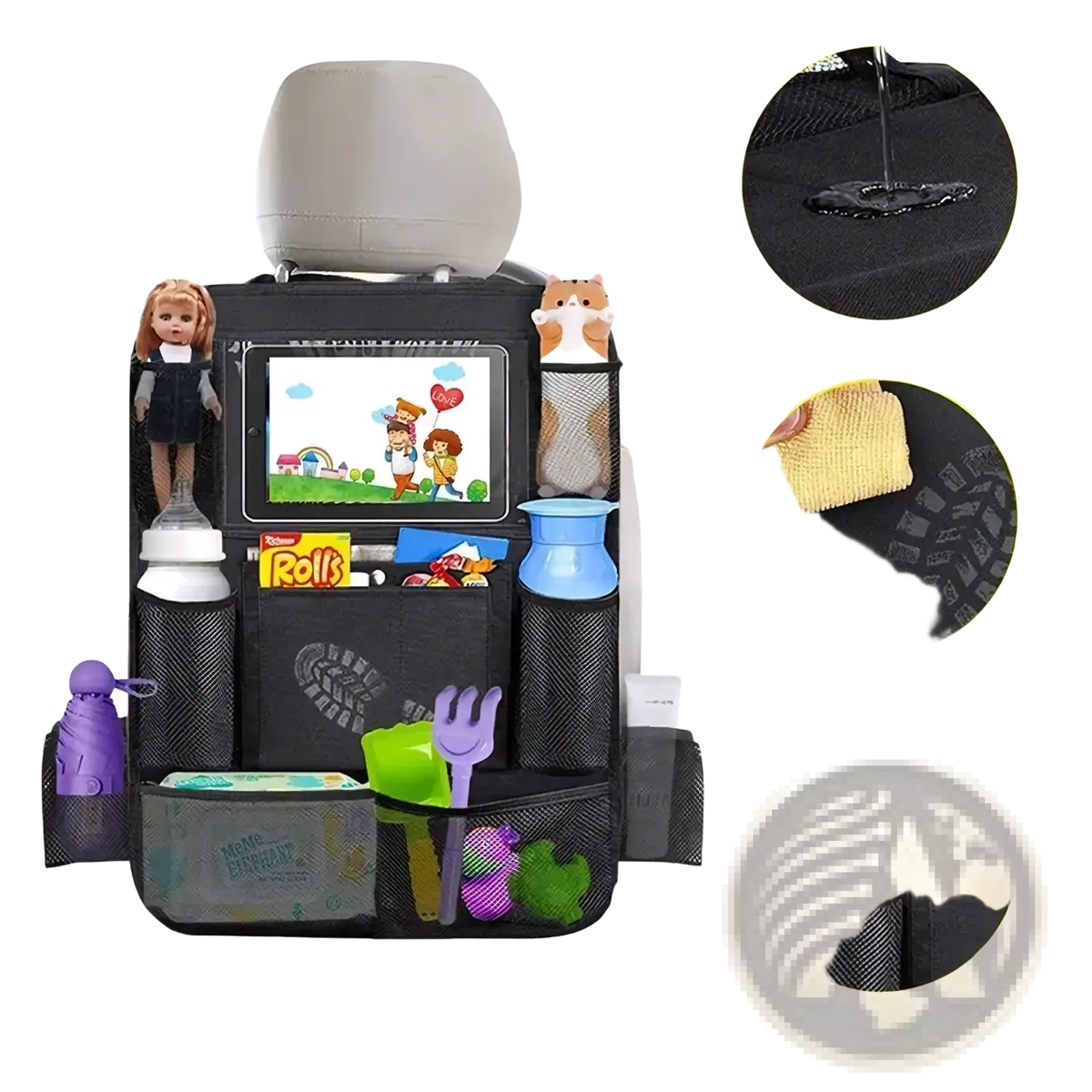 Black mesh car backseat organizer with tablet holder featuring multiple compartments for toys bottles and snacks