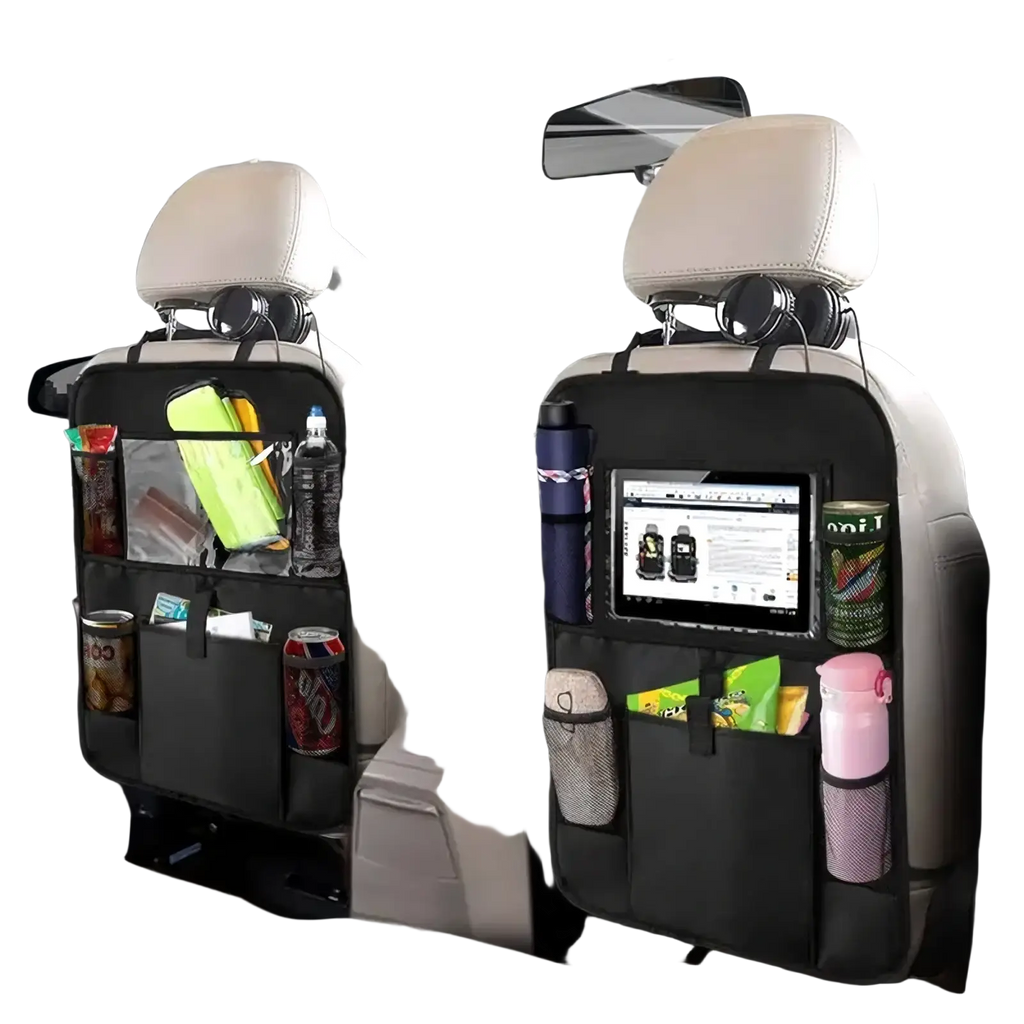 Black car backseat organizer made of durable material with multiple pockets and a central tablet holder slot visible