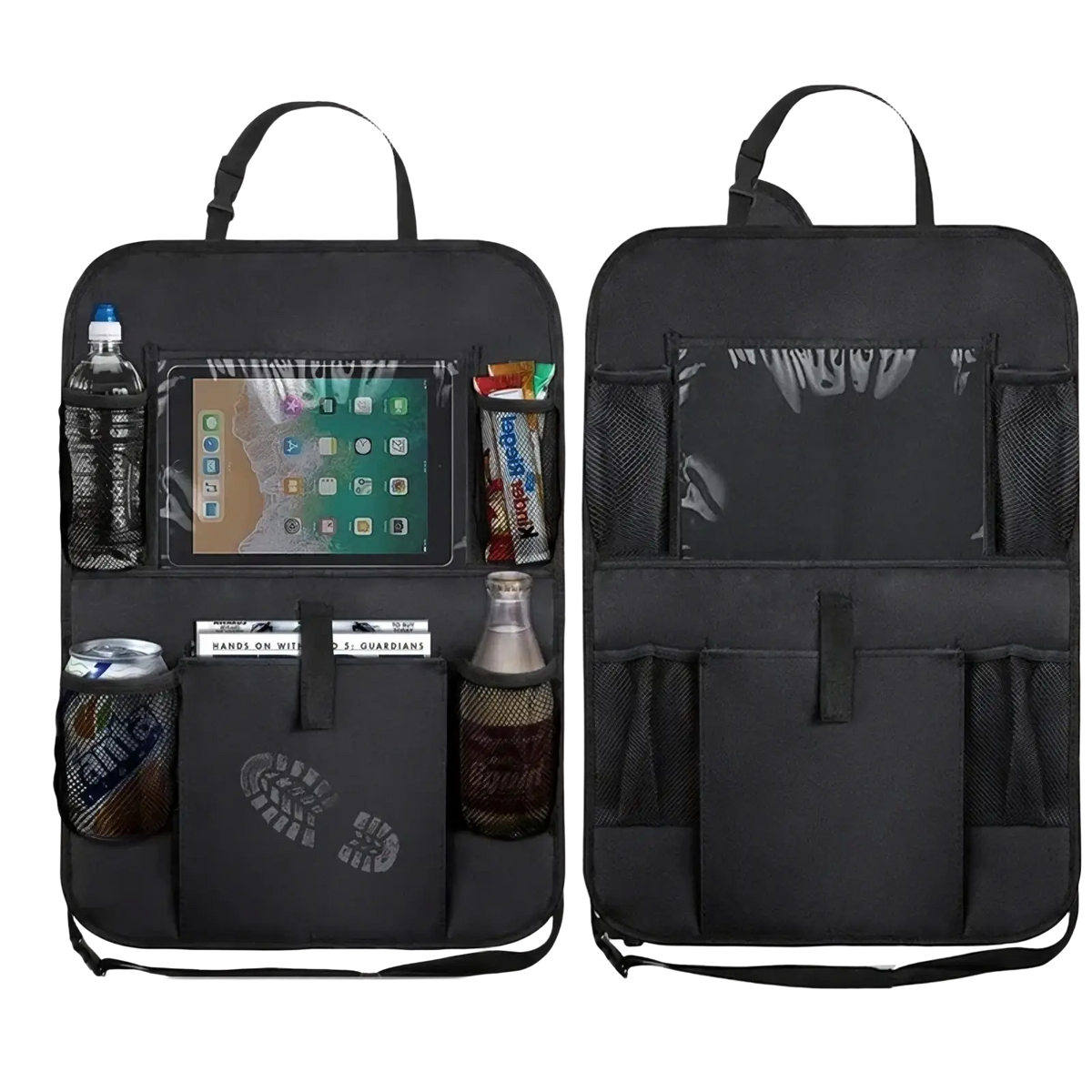 Black car backseat organizer with multiple compartments mesh pockets tablet holder and footprint design on front