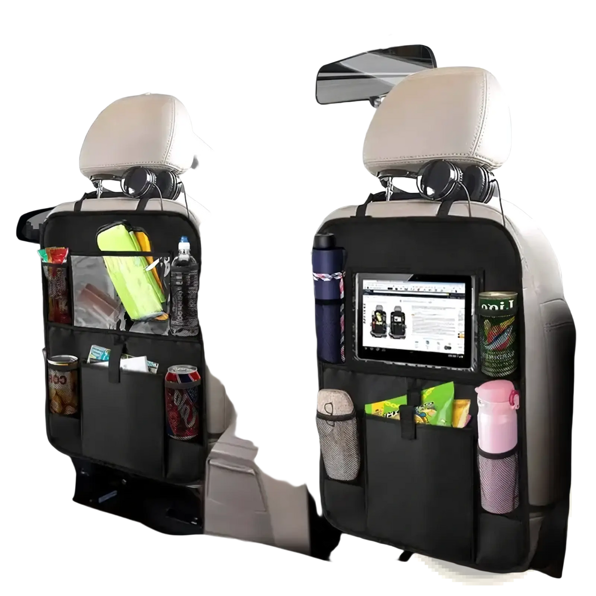 Black car backseat organizer made of durable material with multiple pockets and a central tablet holder slot visible