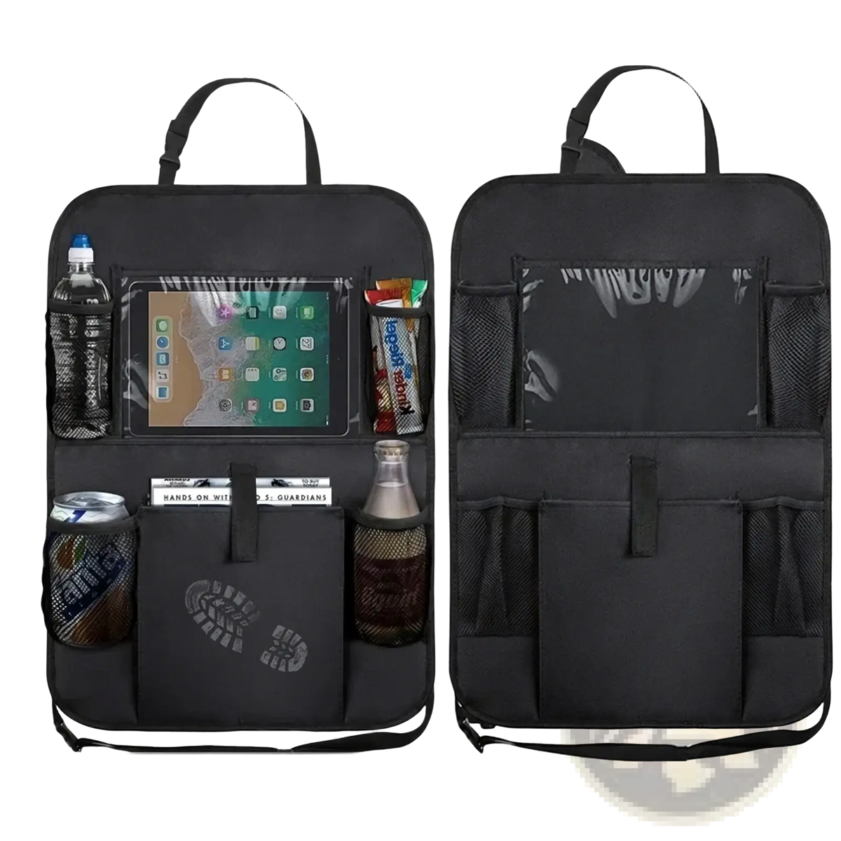 Black car backseat organizer with multiple compartments mesh pockets tablet holder and footprint design on front