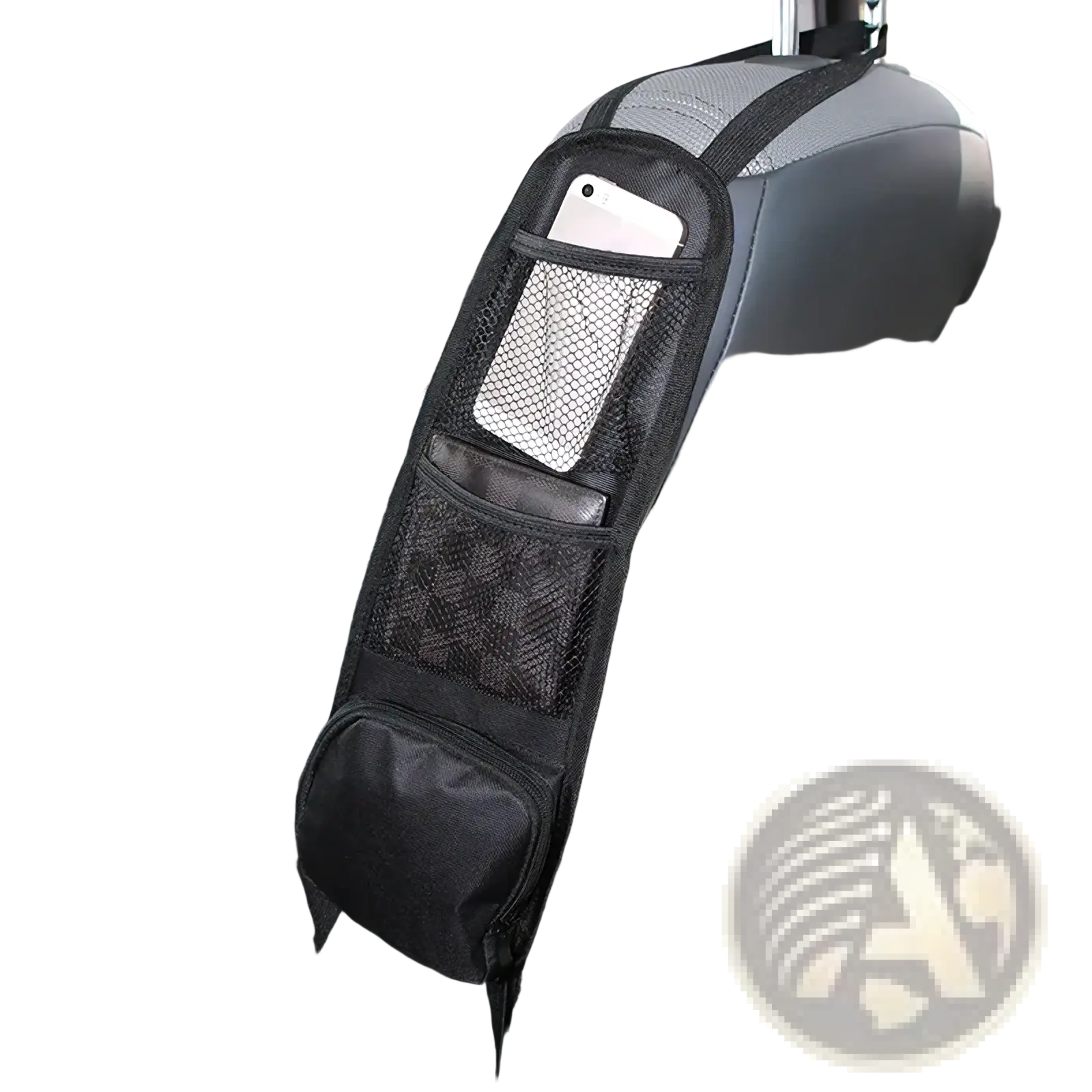 Black mesh car backseat organizer with multiple pockets including a tablet holder and a white smartphone pocket
