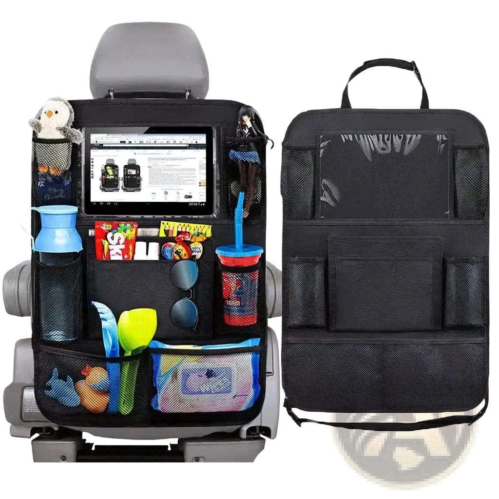 Black mesh car backseat organizer with multiple pockets and central tablet holder shown from the back side