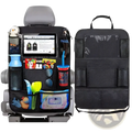 Black mesh car backseat organizer with multiple pockets and central tablet holder shown from the back side