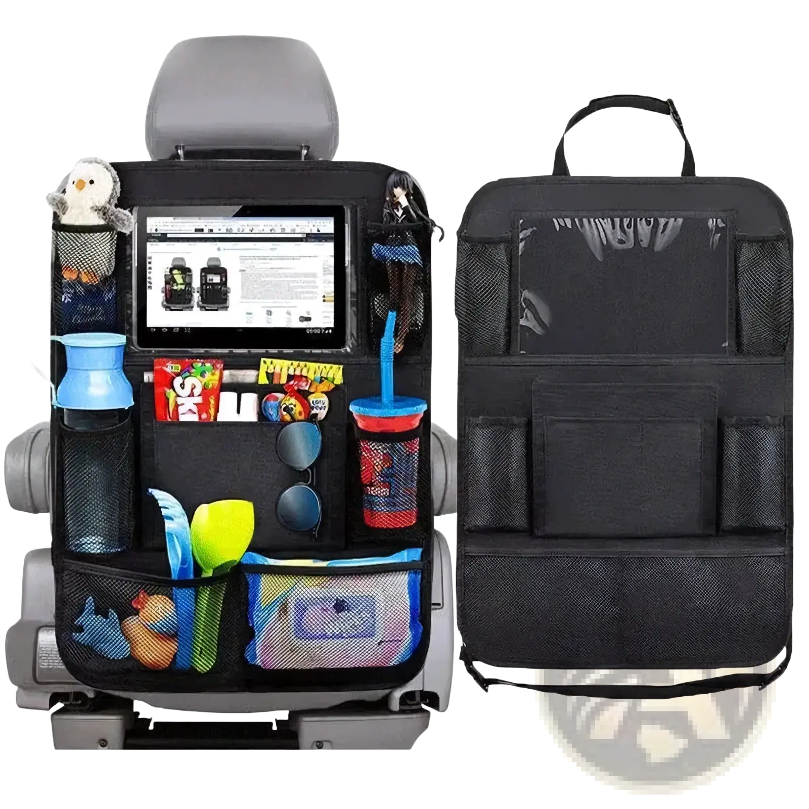 Black mesh car backseat organizer with multiple pockets and central tablet holder shown from the back side